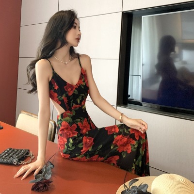 Chiffon floral slim waist suspender dress 27