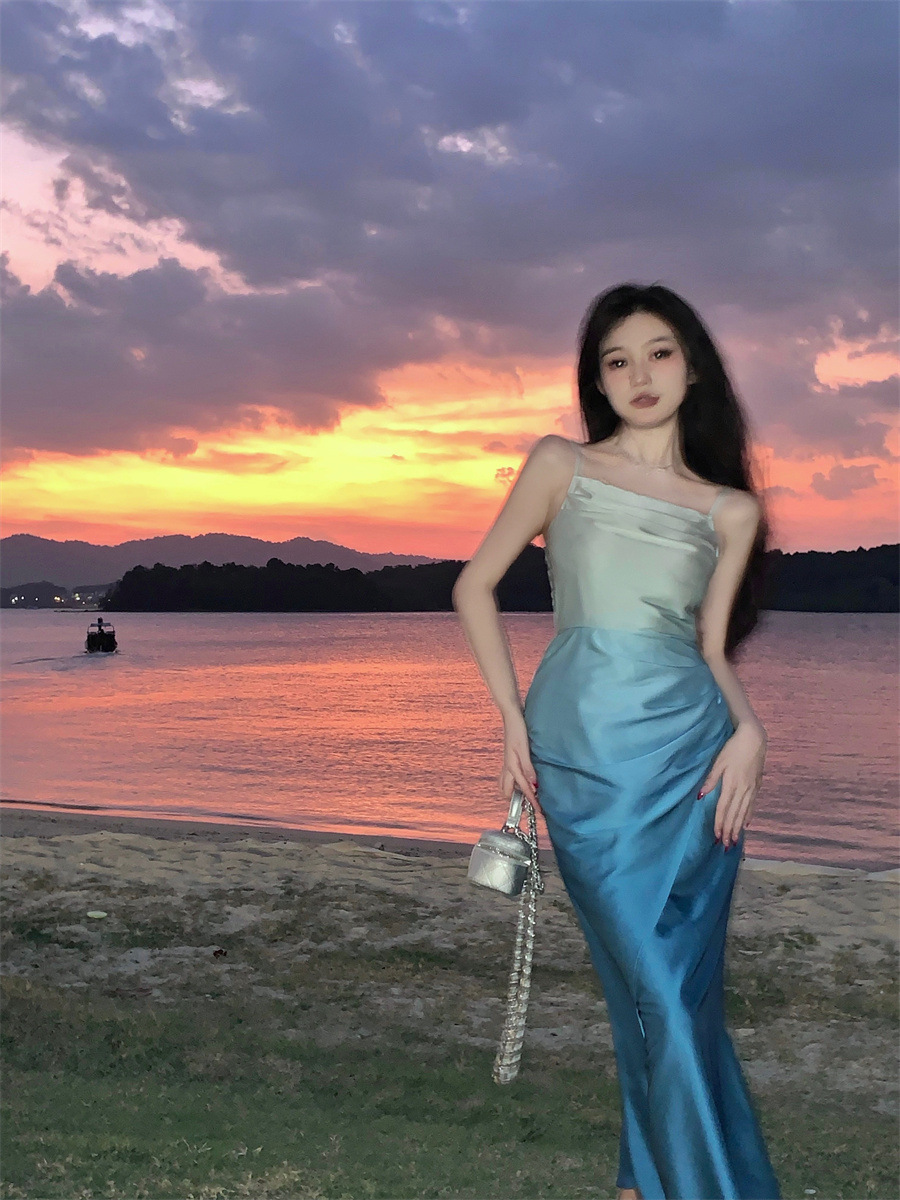 Gradient Color Slim Slim Suspender Dress 29