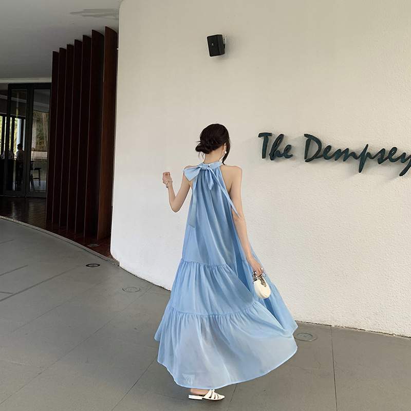 Blue Halter Neck Backless Dress 75