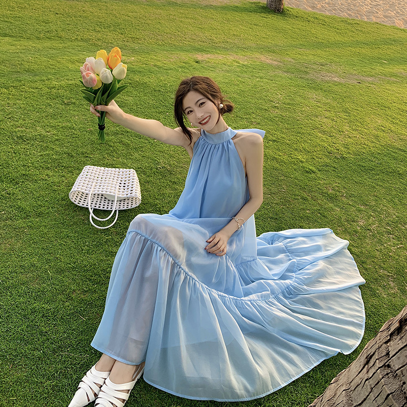 Blue Halter Neck Backless Dress 75