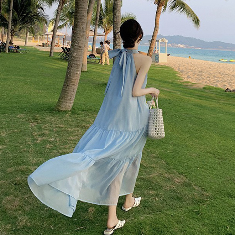 Blue Halter Neck Backless Dress 75