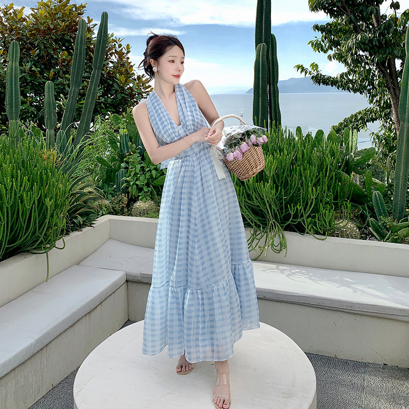 Blue plaid chiffon V-neck dress 83