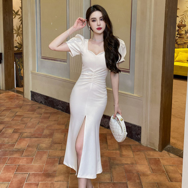 square neck waist slit dress 136