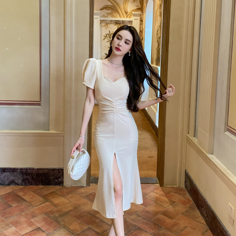 square neck waist slit dress 136