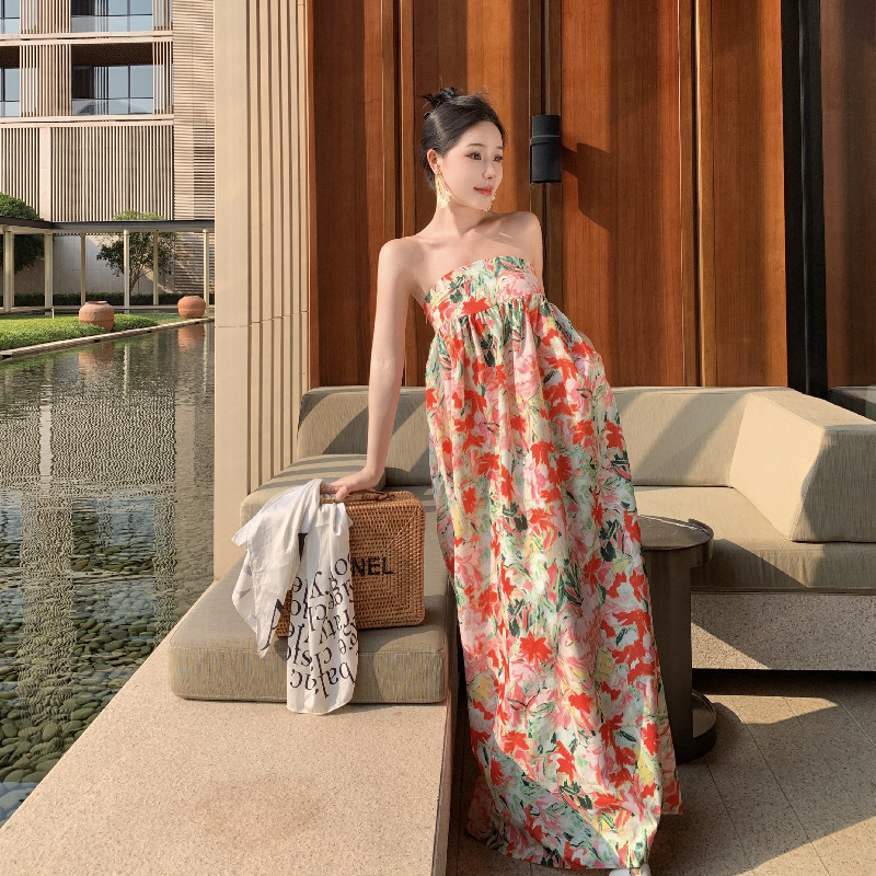 Tube top flower bud seaside holiday dress 127