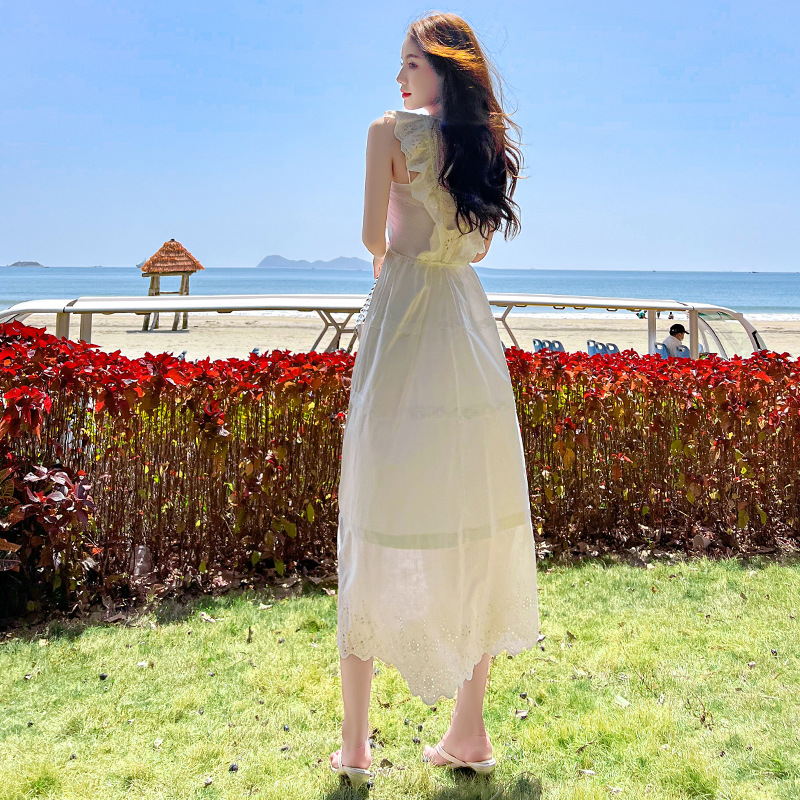 v neck lace flying sleeve dress 115