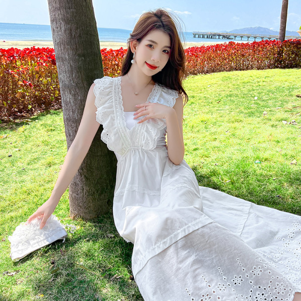 v neck lace flying sleeve dress 115