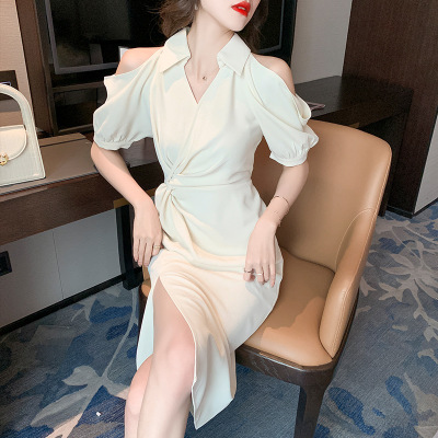 V-neck twist off-the-shoulder dress 135