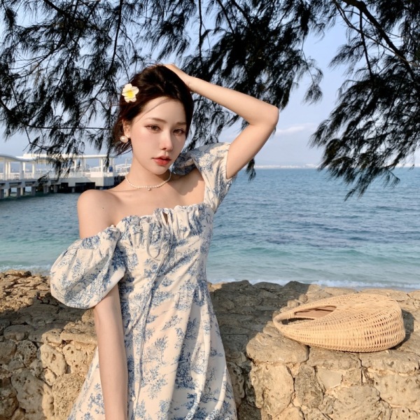 Vintage Print Puff Sleeve Dress 132