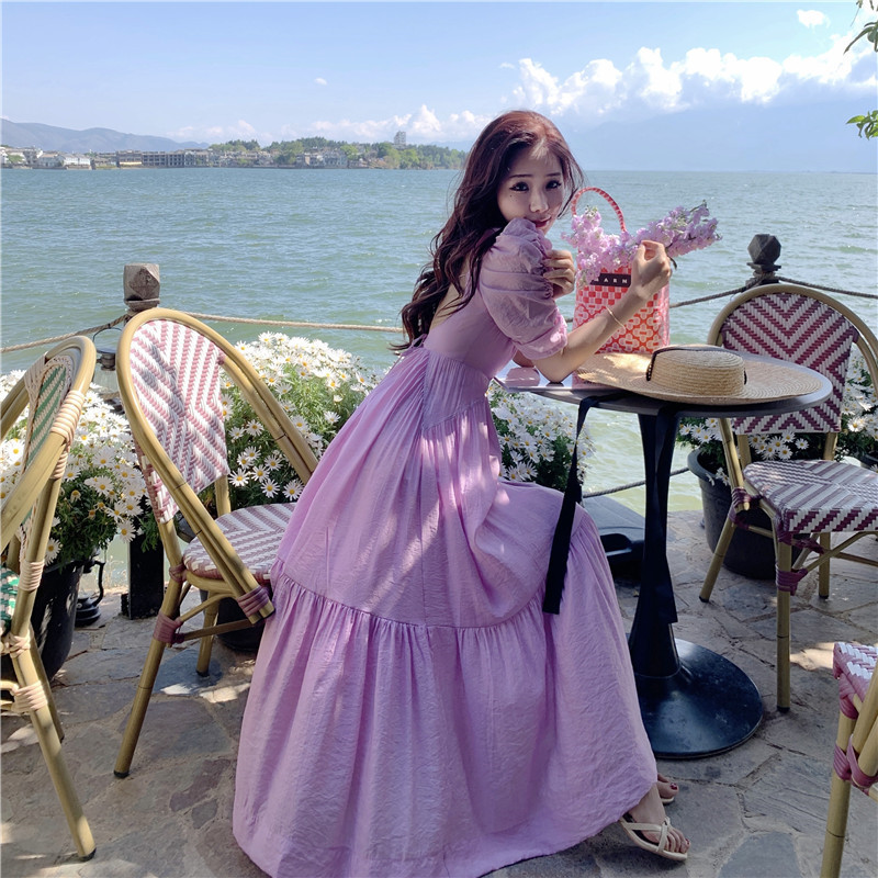 Open back slim puff sleeve long dress 143