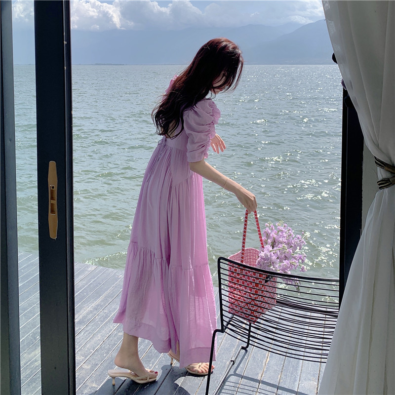 Open back slim puff sleeve long dress 143