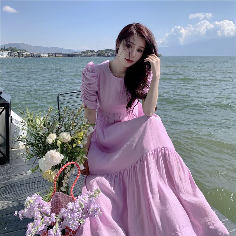 Open back slim puff sleeve long dress 143