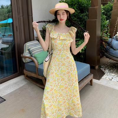 Yellow Floral Small Flying Sleeve Dress 149
